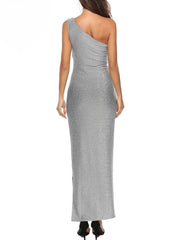 Sleeveless One-Shoulder Backless Nylon Floor Length Maxi Dress
