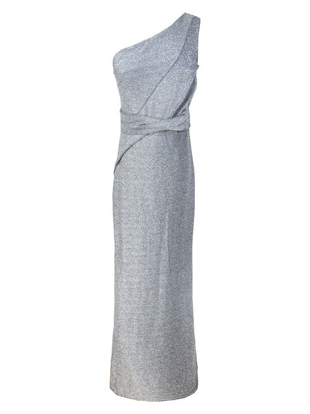 Sleeveless One-Shoulder Backless Nylon Floor Length Maxi Dress