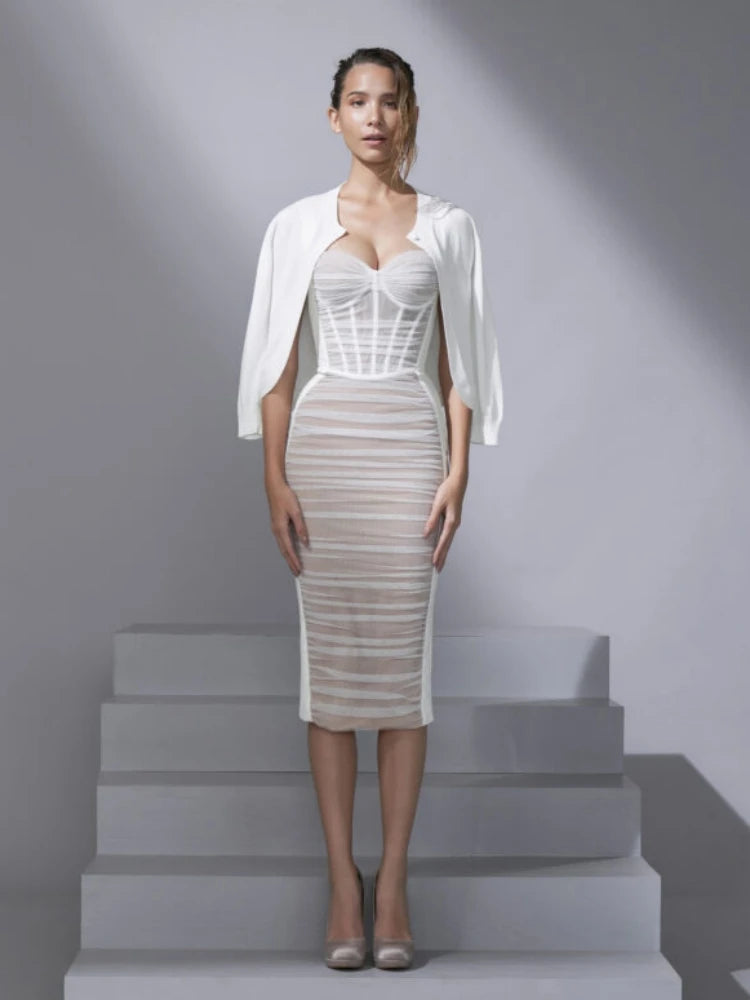 Sleeveless Pleated Straps Neck Layered Sheath Bodycon Dress