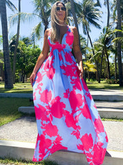 Sleeveless Printed V-Neck Pleated Oversized Lycra Spandex Long Maxi Dresses