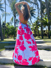 Sleeveless Printed V-Neck Pleated Oversized Lycra Spandex Long Maxi Dresses