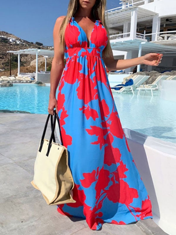 Sleeveless Printed V-Neck Pleated Oversized Lycra Spandex Long Maxi Dresses