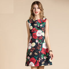 Vintage Rose Flowers Print Beading Mini Dress