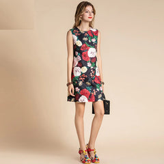 Vintage Rose Flowers Print Beading Mini Dress