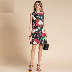 Vintage Rose Flowers Print Beading Mini Dress