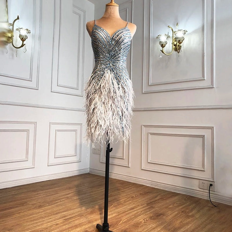 Sleeveless Beading Feathers Party Short Dress