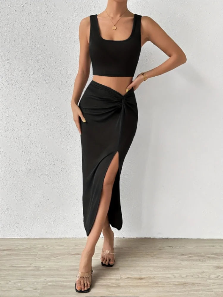 Sleeveless Square Collar Vest Top Side Slit Long Skirt Suit Separate Matching Dress