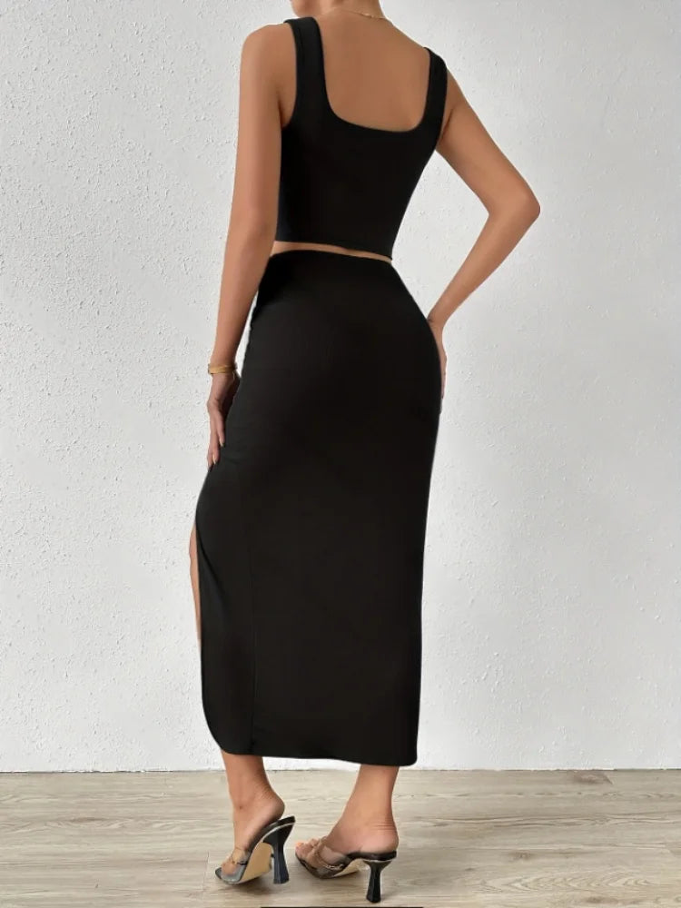 Sleeveless Square Collar Vest Top Side Slit Long Skirt Suit Separate Matching Dress