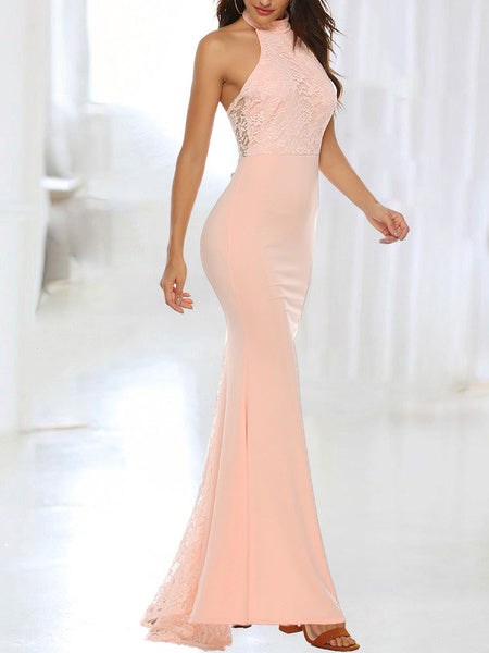 Sleeveless Stand Collar Buttons Backless Lace Long Maxi Dress
