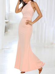 Sleeveless Stand Collar Buttons Backless Lace Long Maxi Dress