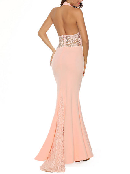 Sleeveless Stand Collar Buttons Backless Lace Long Maxi Dress