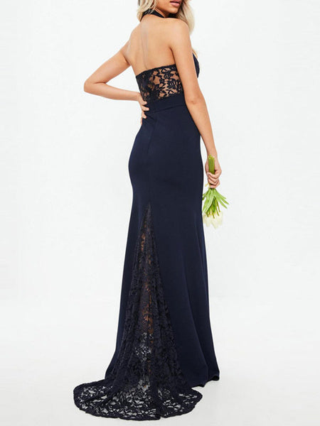 Sleeveless Stand Collar Buttons Backless Lace Long Maxi Dress