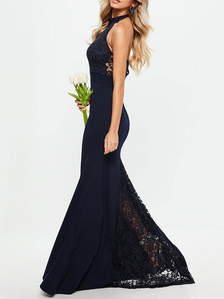 Sleeveless Stand Collar Buttons Backless Lace Long Maxi Dress
