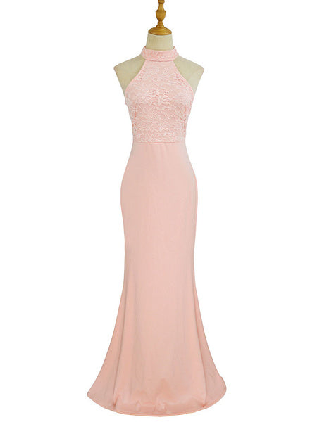 Sleeveless Stand Collar Buttons Backless Lace Long Maxi Dress