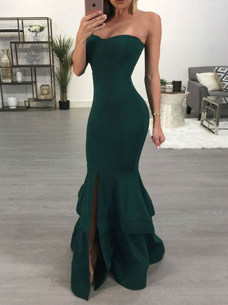 Sleeveless Strapless Ruffles Mermaid Backless Polyester Long Maxi Dress