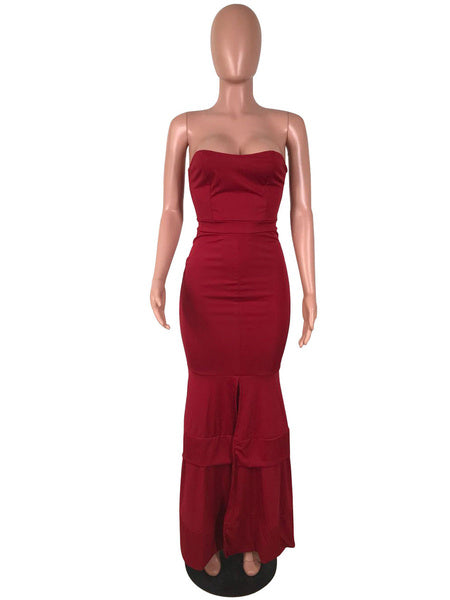 Sleeveless Strapless Ruffles Mermaid Backless Polyester Long Maxi Dress