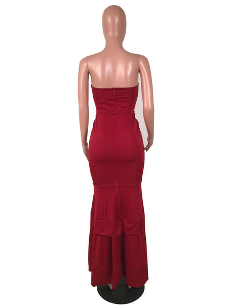 Sleeveless Strapless Ruffles Mermaid Backless Polyester Long Maxi Dress