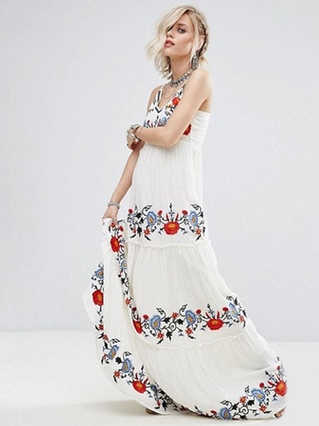 Sleeveless Straps Embroidered Backless Maxi Long Dress