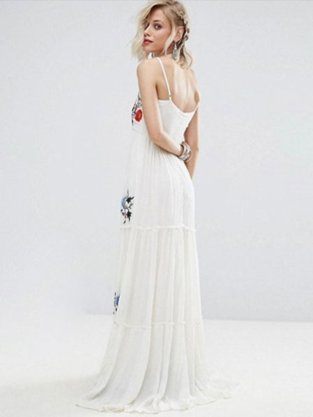 Sleeveless Straps Embroidered Backless Maxi Long Dress