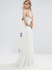 Sleeveless Straps Embroidered Backless Maxi Long Dress
