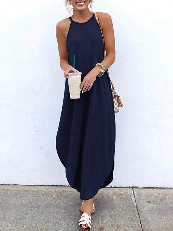 Sleeveless Straps High Low Hem Solid Causal Maxi Dress