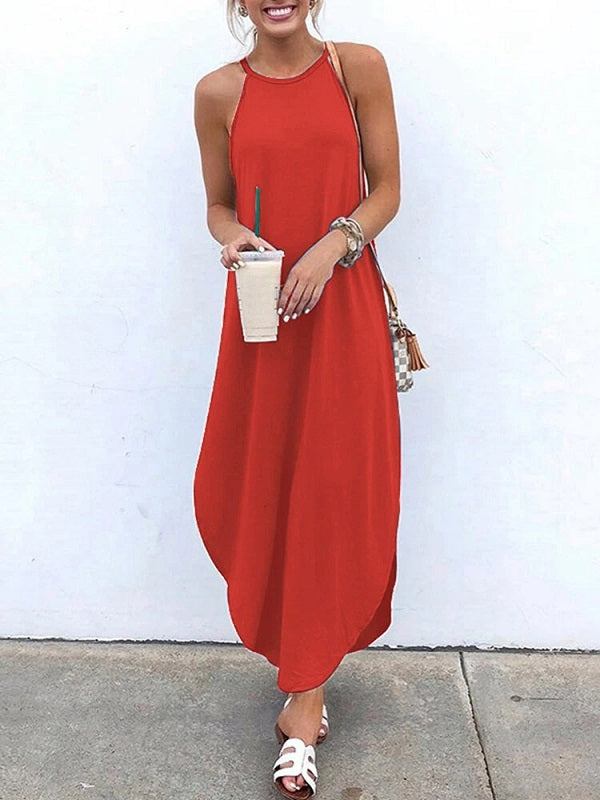Sleeveless Straps High Low Hem Solid Causal Maxi Dress