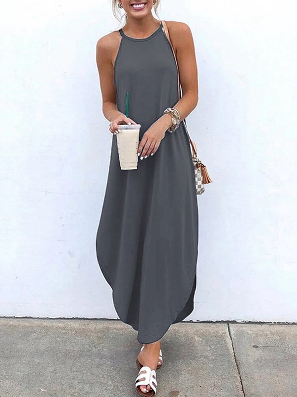 Sleeveless Straps High Low Hem Solid Causal Maxi Dress