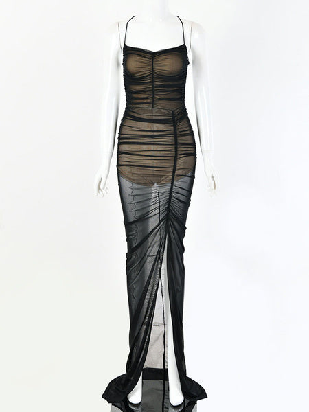 Sleeveless Straps Neck Lace Up Open Shoulder Polyester Floor Length Maxi Dress
