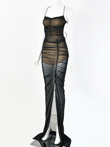 Sleeveless Straps Neck Lace Up Open Shoulder Polyester Floor Length Maxi Dress