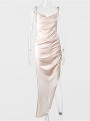 Sleeveless Straps Neck Split Front Bodycon Backless Polyester Long Cami Maxi Dresses