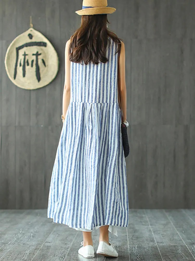 Sleeveless Striped V-neck Sundress Retro Long Maxi Dress