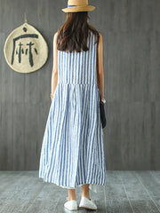 Sleeveless Striped V-neck Sundress Retro Long Maxi Dress
