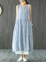 Sleeveless Striped V-neck Sundress Retro Long Maxi Dress
