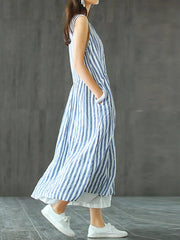 Sleeveless Striped V-neck Sundress Retro Long Maxi Dress