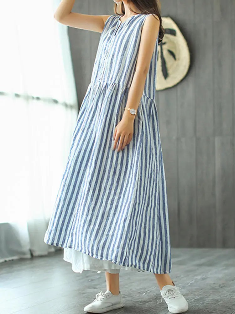 Sleeveless Striped V-neck Sundress Retro Long Maxi Dress