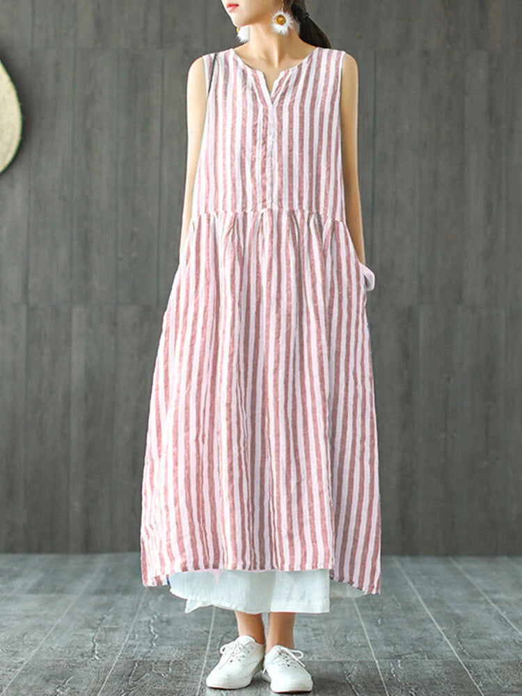 Sleeveless Striped V-neck Sundress Retro Long Maxi Dress