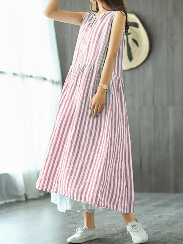 Sleeveless Striped V-neck Sundress Retro Long Maxi Dress