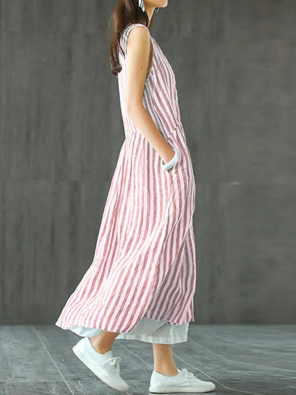 Sleeveless Striped V-neck Sundress Retro Long Maxi Dress