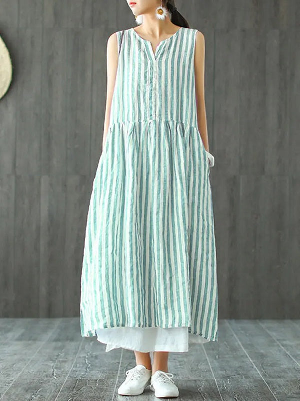 Sleeveless Striped V-neck Sundress Retro Long Maxi Dress
