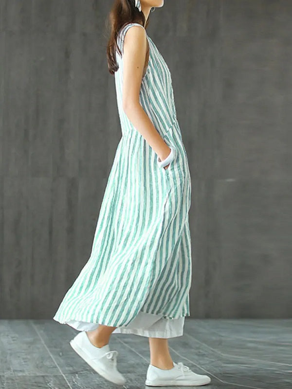 Sleeveless Striped V-neck Sundress Retro Long Maxi Dress