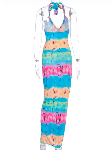 Sleeveless Tie Dye Straps Neck Cut Out Pleated Open Shoulder Dresses