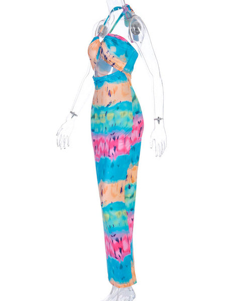 Sleeveless Tie Dye Straps Neck Cut Out Pleated Open Shoulder Dresses