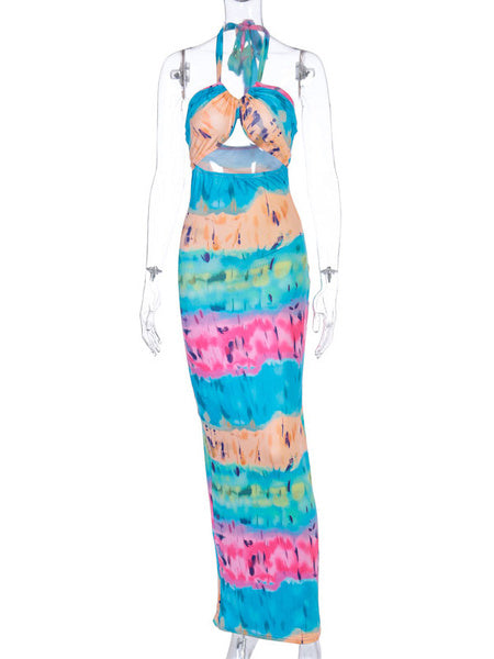 Sleeveless Tie Dye Straps Neck Cut Out Pleated Open Shoulder Dresses