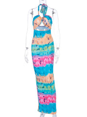 Sleeveless Tie Dye Straps Neck Cut Out Pleated Open Shoulder Dresses