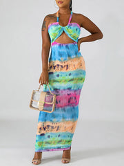 Sleeveless Tie Dye Straps Neck Cut Out Pleated Open Shoulder Dresses