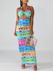 Sleeveless Tie Dye Straps Neck Cut Out Pleated Open Shoulder Dresses