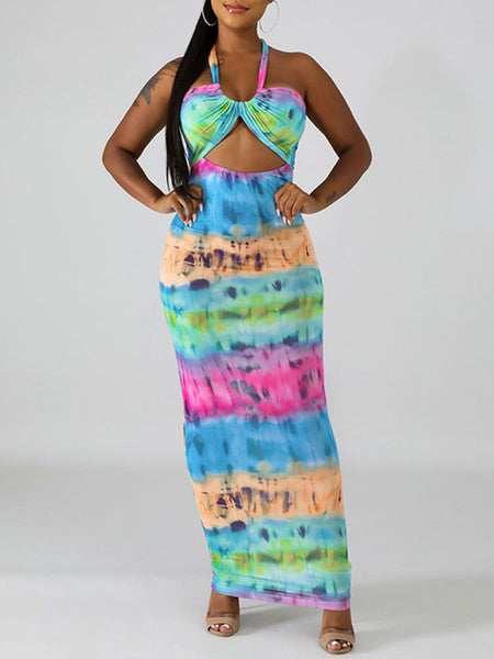 Sleeveless Tie Dye Straps Neck Cut Out Pleated Open Shoulder Dresses