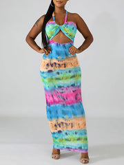 Sleeveless Tie Dye Straps Neck Cut Out Pleated Open Shoulder Dresses