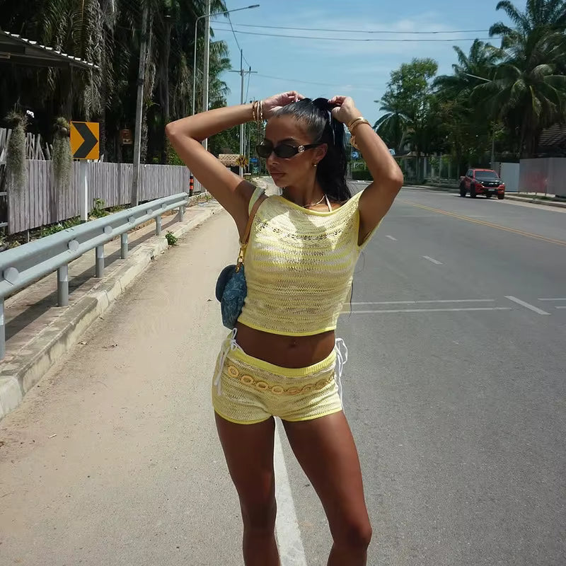 Elegant Sleeveless Top Striped Shorts Beach Holiday Two Piece Set