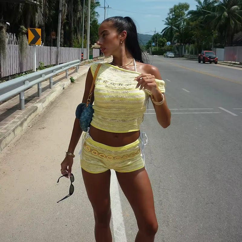 Elegant Sleeveless Top Striped Shorts Beach Holiday Two Piece Set